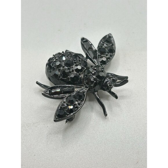 Vintage Black Bug Pin Brooch Enamel and Rhinestones Insect Beetle Japanned Style - Picture 3 of 6